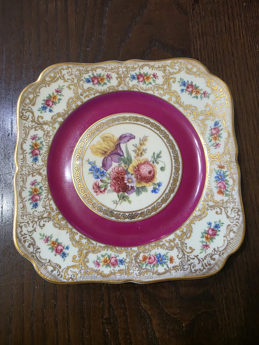 Vintege Decorative Floral Porcelain Plate in Fuchsia and Gold